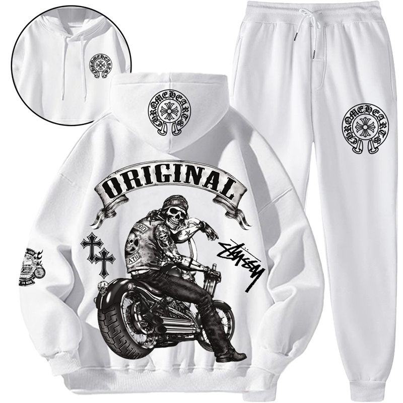 【 Chrome Hearts x Stussy 】バイクに乗ってタトゥーを入れた髑髏ファッションデザインのパーカーセットです