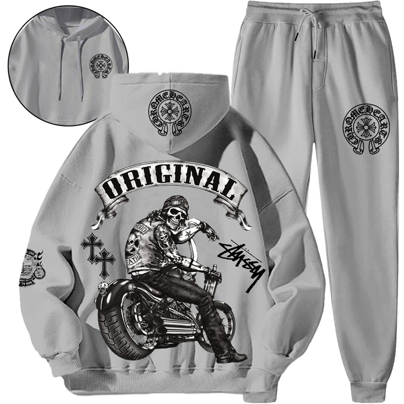 【 Chrome Hearts x Stussy 】バイクに乗ってタトゥーを入れた髑髏ファッションデザインのパーカーセットです