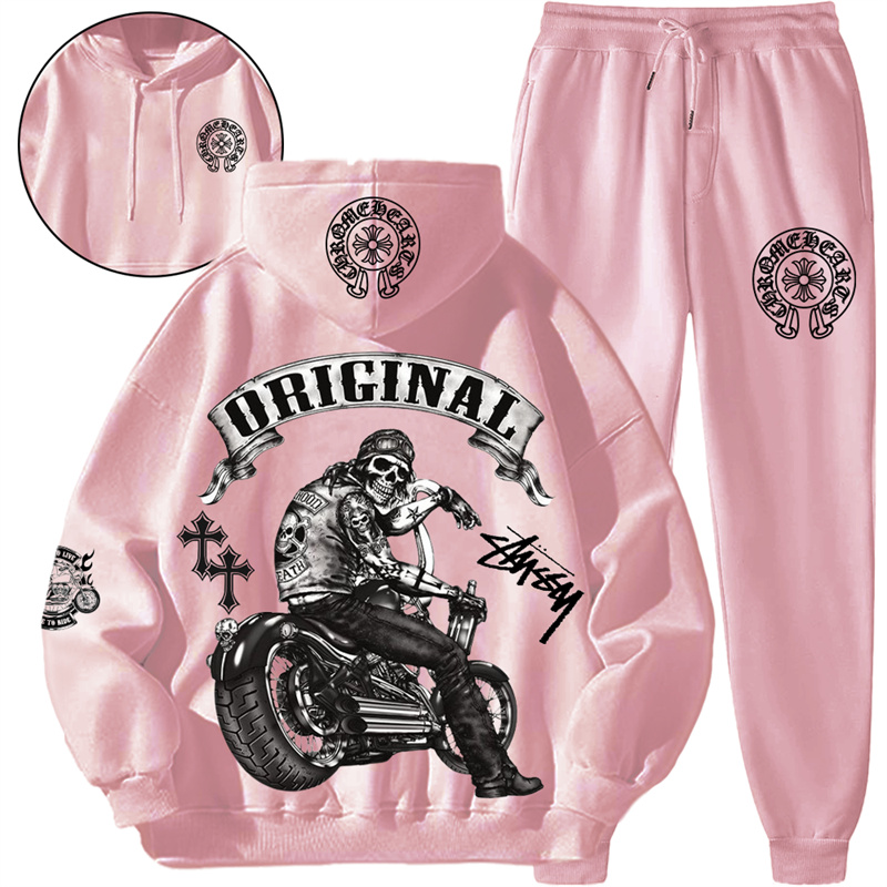 【 Chrome Hearts x Stussy 】バイクに乗ってタトゥーを入れた髑髏ファッションデザインのパーカーセットです