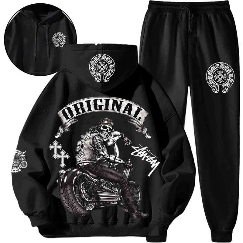 【 Chrome Hearts x Stussy 】バイクに乗ってタトゥーを入れた髑髏ファッションデザインのパーカーセットです