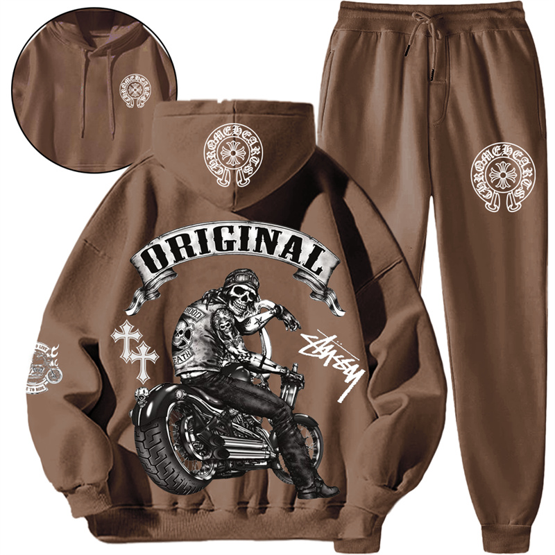 【 Chrome Hearts x Stussy 】バイクに乗ってタトゥーを入れた髑髏ファッションデザインのパーカーセットです